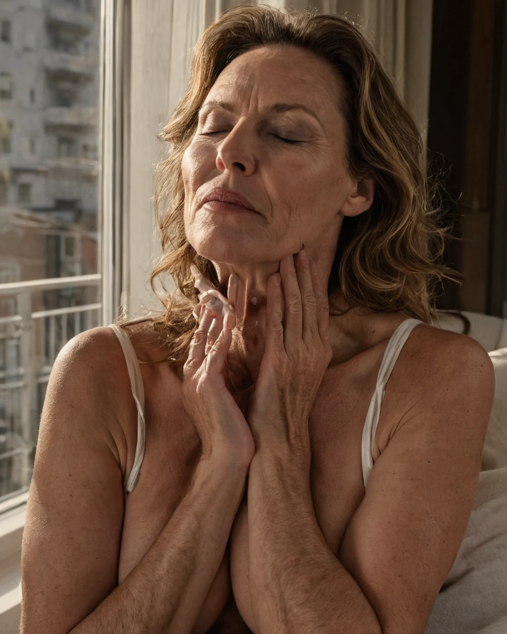A woman massages her neck by a sunny window indoors