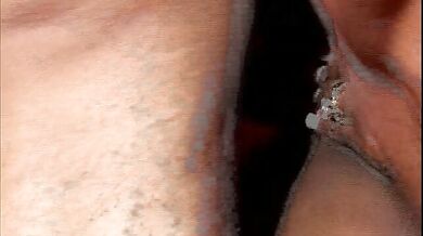 Busty ebony sucks deep a guy with hairy cock before jumping on him