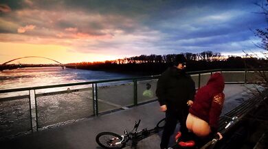 Very risky sex in public on an outdoor bridge