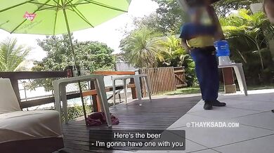 Hot wife receiving delivery man and having sex with him, real video with English subtitles