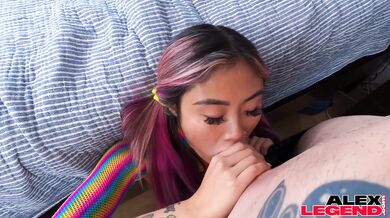 Busty Asian Babe with Pink Hair Sucks Her Landlord Huge Cock To Not Get Evicted!