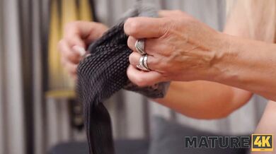 MATURE4K. Moniq in underwear and stockings takes hard pistol in her pussy