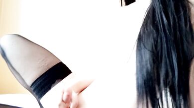 Sexyest trans stroking cock, cumshot on body and hair and taste cum