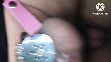 Sissy clitty leaking in its flat chastity cage from bareback anal pleasure