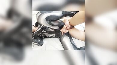 Spider Ladyboy cuffed dominated by a dude masturbating her cock till she cums