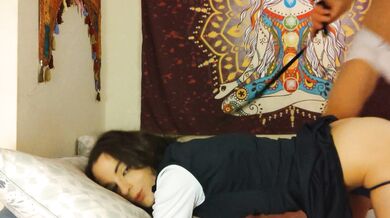 Bad schoolgirl Lola ; on a lead , face down ; licked , toyed , & fucked by horny guy