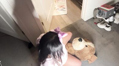 Chubby girl humps giant teddy bear