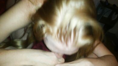 Redhead wife sucking my hard cock and taking load on titties