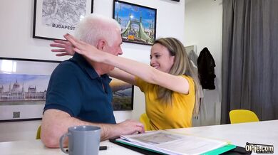 Hot blondie rides grandpa cock and she swallows his cumshot