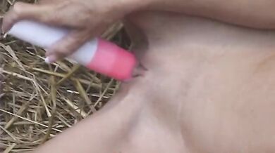 HOT Granny in the HAY pile MASTURBATING