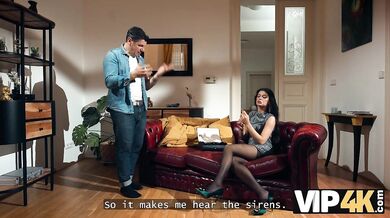 VIP4K. Sexy brunette thinks that the whistle is a message to suck an old cock (Denis Marti)