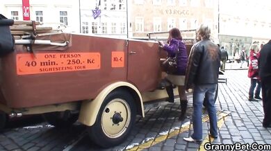 Picked up granny in stockings rides his big dick