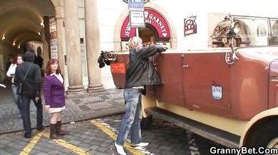 Picked up granny in stockings rides his big dick