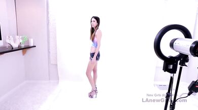 Girl with petite body learns to be model in real studio porn