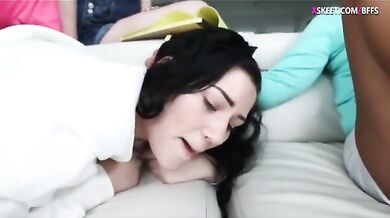 Four teen babysitters shared a big hard dick on sofa