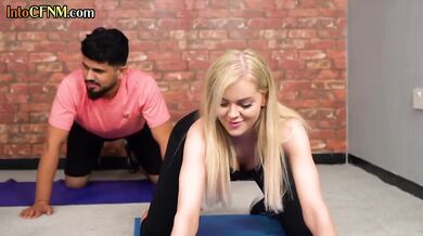 CFNM British yoga femdoms jerk guy cock in group action