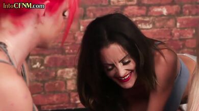 CFNM British yoga femdoms jerk guy cock in group action