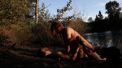 Two trans teens take a risky fuck outdoors by a river. Trans couple