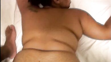 Horny black BBW sucks a guy with big dick and balls before getting bush rammed POV style