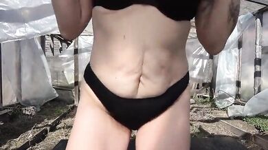 Hairy country milf moans loud in greenhouse - outdoor solo orgasm