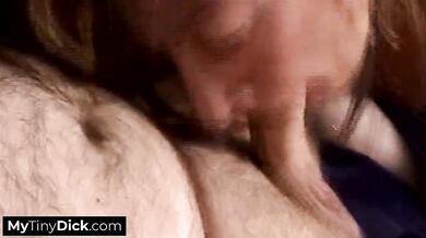 MILF strips down and begins to suck his tiny dick