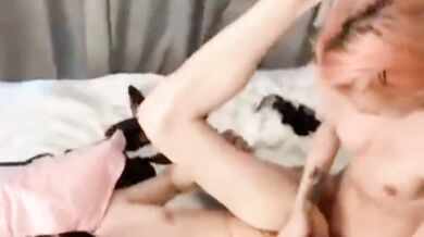 two active ladyboys hard fucking a fag boy in the ass very strong