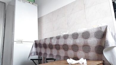 Hot wife naked preparing food in the kitchen. Brunette hairy pussy, big ass, big tits.