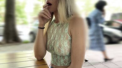 She cum with risky public masturbation in open cafe on the busy street. Transparent top, no panties.
