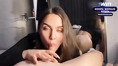 super warm cheerleader with perfect face gives mind-blowing blow-job and guzzles jism - raw, strong porn