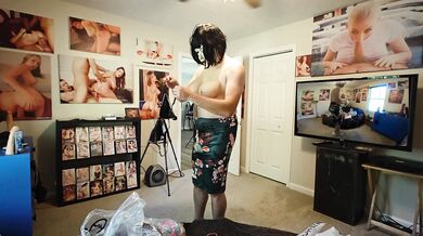 Big jiggly fake tits crossdresser trying on a shipment of womens clothes uncut cock jack off