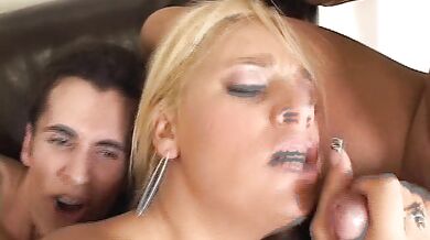 Busty babe blow deep two guys with huge dicks before getting hard DP