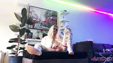 Crossdressing Fashion Model Anastasia Harris rides dildo with a Passion & Self-CBT with Hard Slaps