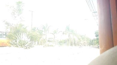 Horny girl waiting for bus to arrive at the bus stop