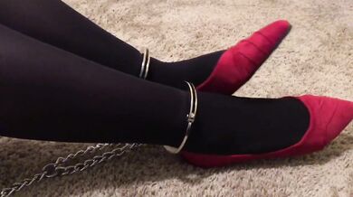 Sexy Foot Fetish Girl Shackles herself and Teases her Stinky Nylon Pantyhose