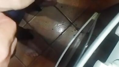 My BIG COCK is full of cum! Cum in a strong stream in the bathroom