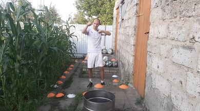 Malvina the cat and I are playing barrel ball