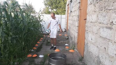 Malvina the cat and I are playing barrel ball