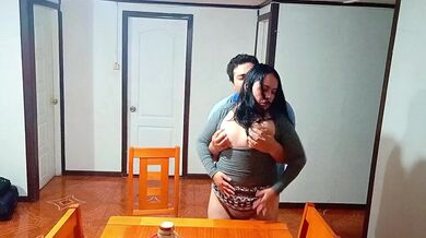 Stepmother caught by surprise while fucking on the dining room table