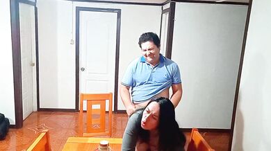 Stepmother caught by surprise while fucking on the dining room table