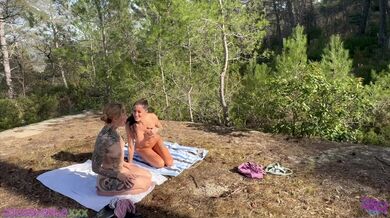 Hot babes hiking outdoors get slutted out by stranger in public threesome