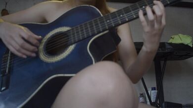 Petite blonde strips for her guitar teacher, so he can finish on her back