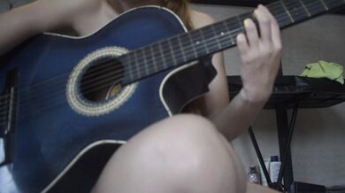 Petite blonde strips for her guitar teacher, so he can finish on her back