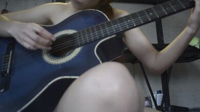 Petite blonde strips for her guitar teacher, so he can finish on her back