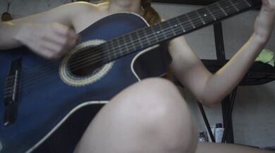 Petite blonde strips for her guitar teacher, so he can finish on her back
