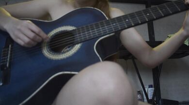 Petite blonde strips for her guitar teacher, so he can finish on her back