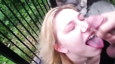 Blonde Takes Cumshot Outside