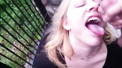 Blonde Takes Cumshot Outside