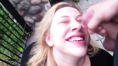 Blonde Takes Cumshot Outside