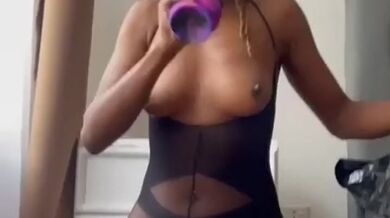 Ebony girl masturbates and fingers her tight pussy