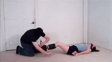 hottie working weekends run into a burglar and gets bondage
